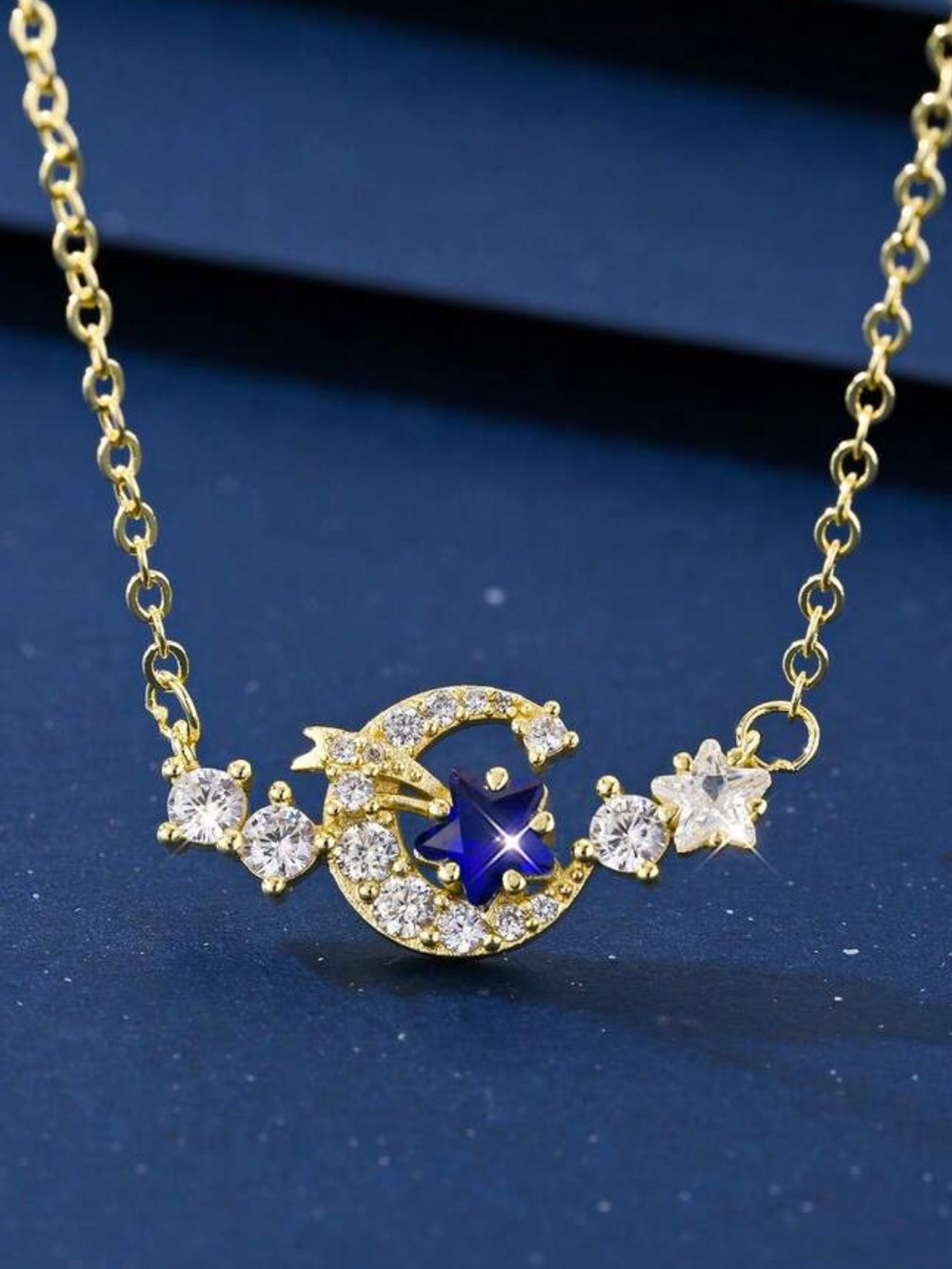 Gold Crescent Moon and Blue Star Necklace - Women Jewelry